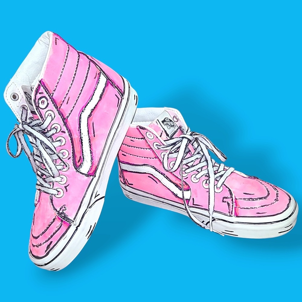 Custom Hand Painted Vans Sk8-Hi Pink Cartoon Sneakers Women's 8 Style #721356